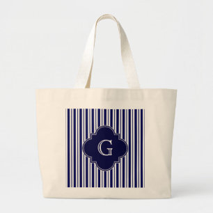 Grand Tote Bag Marine Bleu Blanc Inégal Rayures Marine Monogramm