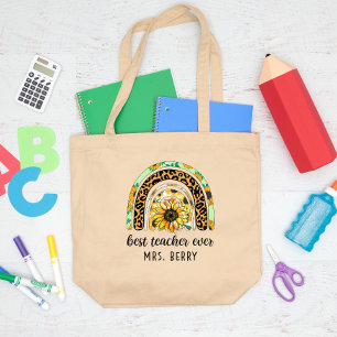 Grand Tote Bag Meilleur enseignant jamais Rainbow Sunflower