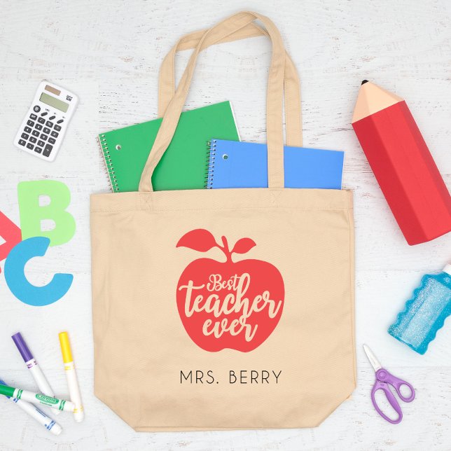 Grand Tote Bag Meilleur enseignant jamais Red Apple personnalisée (Créateur téléchargé)