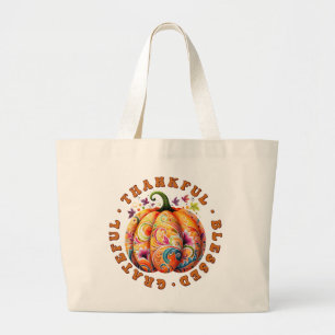 Grand Tote Bag Merci, béni, Gratuit Citrouille Floral