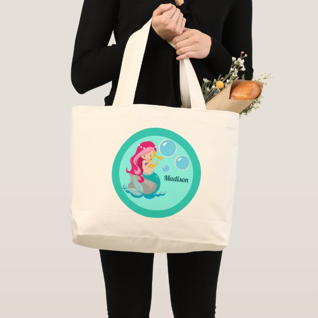 Grand Tote Bag Mermaid Girl mignonne Personnalisé Monogramme Enfa (Devant (produit))