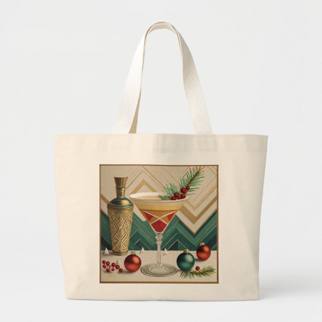 Grand Tote Bag Mi-Siècle Cocktail de Noël Fête Happy Hour (Devant)
