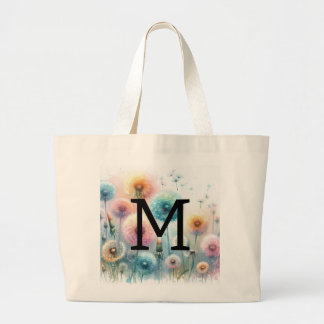 Grand Tote Bag Monogramme aquarelle florale pissenlits roses bleu