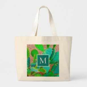 Grand Tote Bag Monogramme botanique du désert Cactus vert