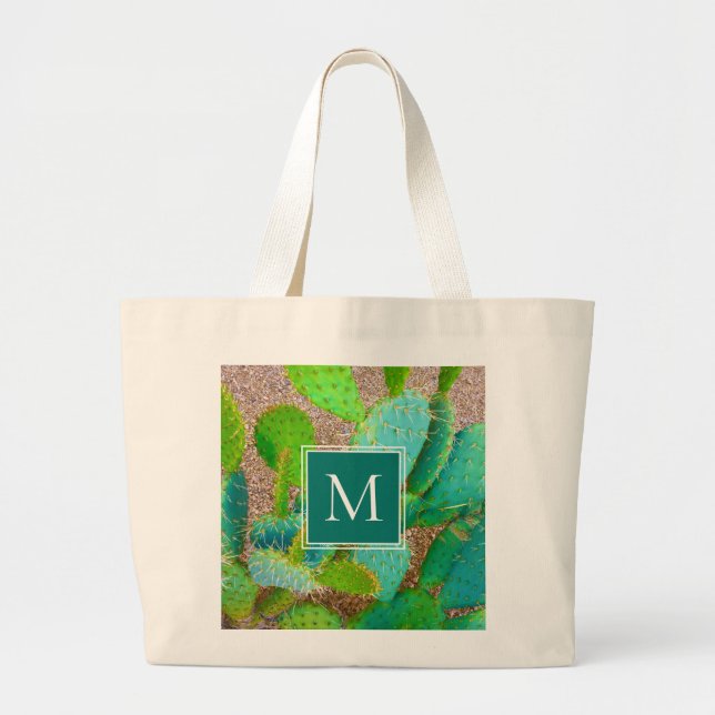 Grand Tote Bag Monogramme botanique du désert Cactus vert (Devant)