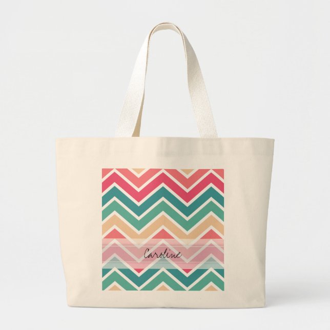 Grand Tote Bag Monogramme Cyan Peach Reds Motif géométrique Chevr (Devant)