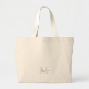 Grand Tote Bag Monogramme gris et or écriture neutre