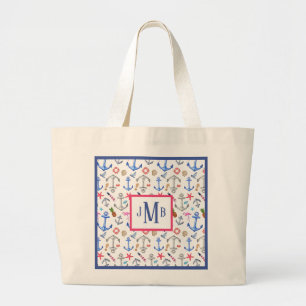 Grand Tote Bag Monogramme nautique Girly de motif de plage
