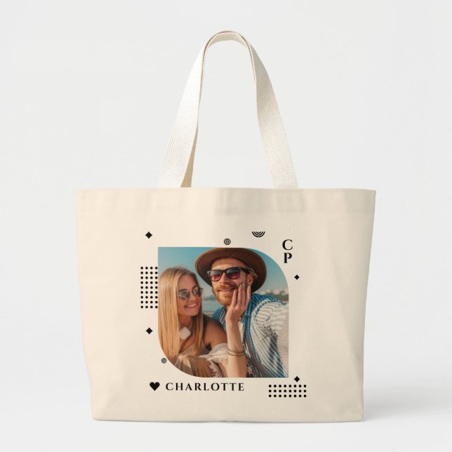 Grand Tote Bag Monogramme Nom Photo Tendance Simple Moderne (Devant)