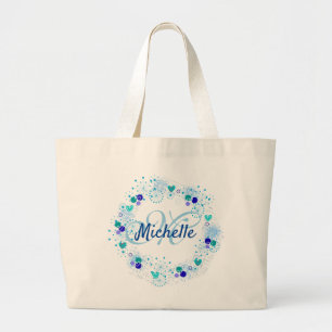 Grand Tote Bag Monogramme nommé bleu personnalisé de cadeau