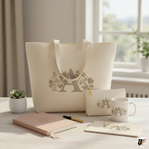 Grand Tote Bag Monogramme personnalisé lettre A floral élégant vi