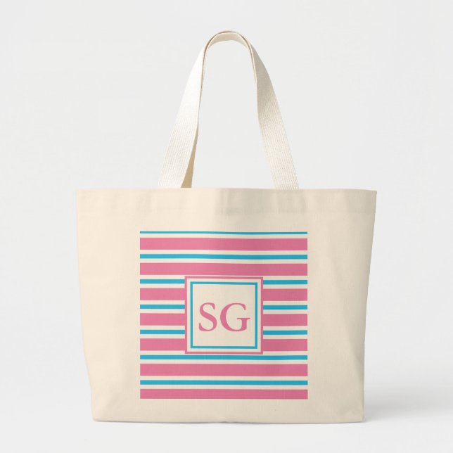 Grand Tote Bag Monogramme rose rayé / Plage (Devant)