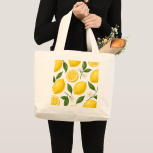 Grand Tote Bag Motif de citron frais avec feuilles et fleurs