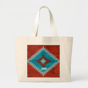 Grand Tote Bag Motif Tribal Aztèque Turquoise Rouge Sud-Ouest
