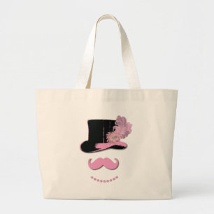Grand Tote Bag Moustache rose, casquette supérieur, plumes, et