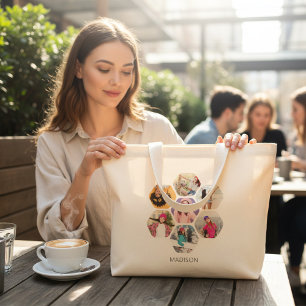Grand Tote Bag Multiphoto Collage moderne Nom personnalisé