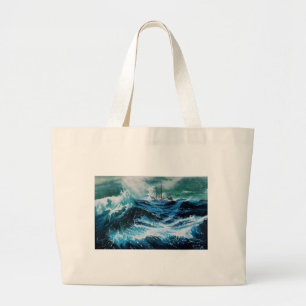 Grand Tote Bag Navire dans la mer en tempête, nautique