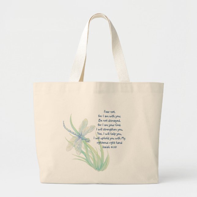 Grand Tote Bag Ne craignez pas, Écriture Isaïe libellule Bleu, Ve (Devant)
