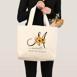 Grand Tote Bag Noir Nom du script initial Floral Bridesmaid Large