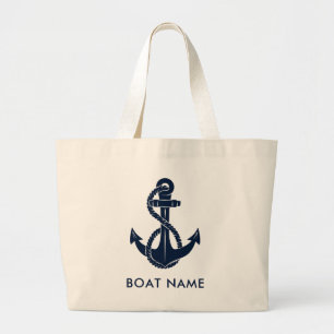 Grand Tote Bag Nom de bateau à ancre bleu marine nautique