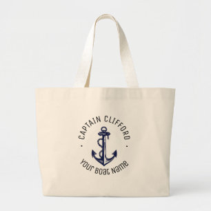 Grand Tote Bag Nom du capitaine sur mesure Bateau Ancre nautique