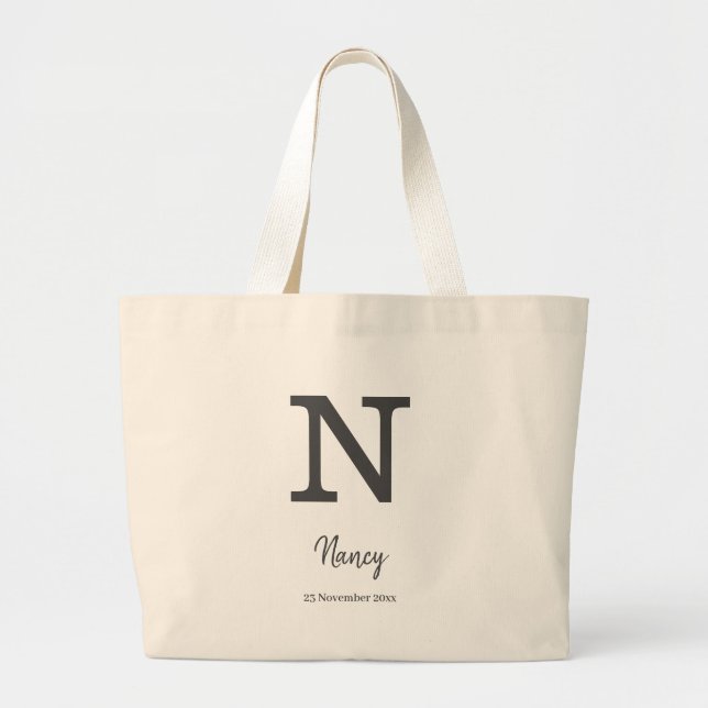 Grand Tote Bag Nom et date personnalisés lettre monogramme "N" (Devant)