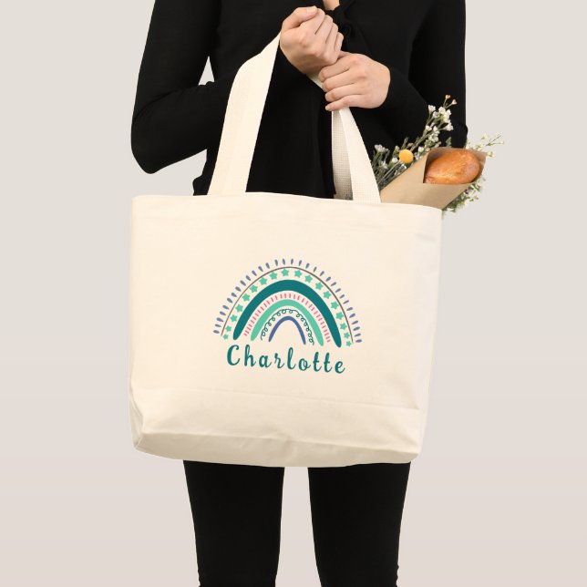 Grand Tote Bag Nom personnalisé avec Arc-en-ciel Boho moderne (Devant (produit))