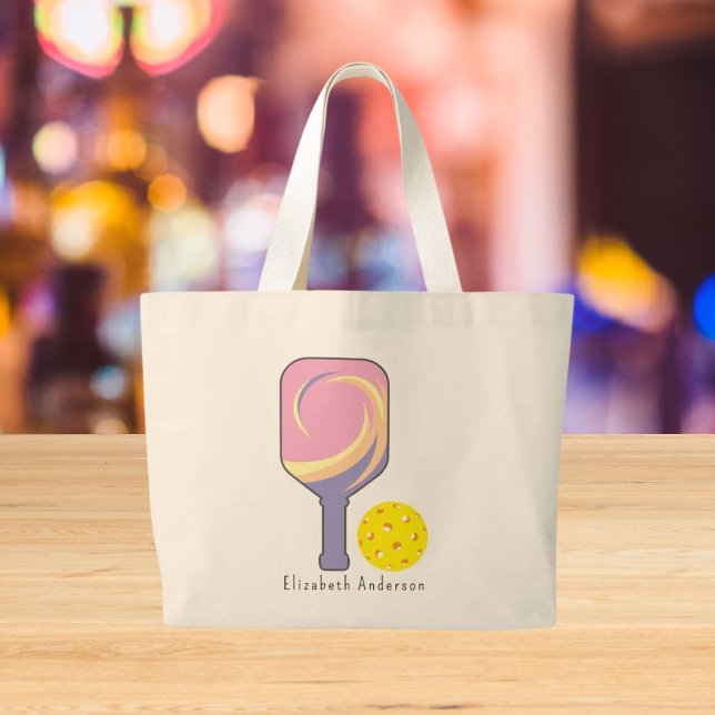 Grand Tote Bag Nom personnalisé Pickleball Pagaies rayées Grande (Créateur téléchargé)