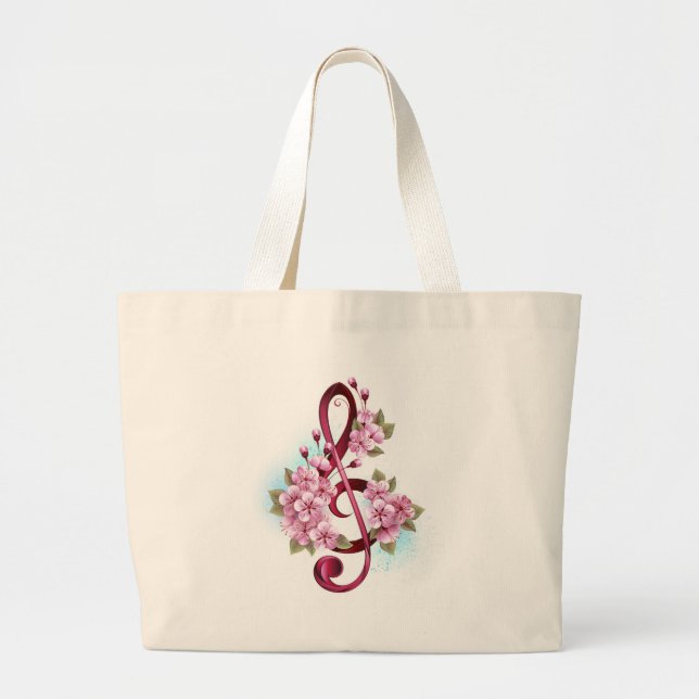 Grand Tote Bag Notes de clef musicale en treble avec des fleurs S (Devant)