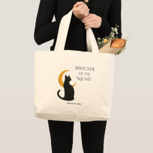 Grand Tote Bag Observateur de la nuit - Chat noir d'Halloween