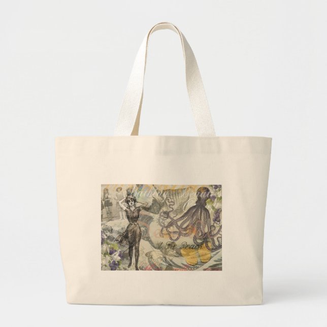 Grand Tote Bag Octopus Beach Antique Côte Steampunk (Devant)