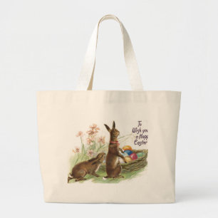 Grand Tote Bag Oeufs Brown vintages de lapins de Pâques en panier