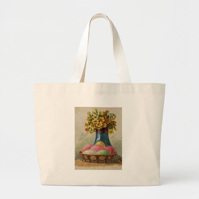 Grand Tote Bag Oeufs Pâques Panier Fleurs Antique (Devant)