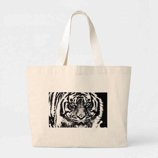 Grand Tote Bag OEuvre oculaire noir blanc Sumatra Bornéo Tiger (Devant)