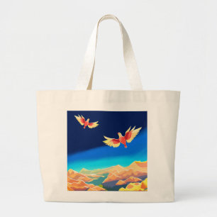 Grand Tote Bag Oiseau coloré volant au-dessus des montagnes