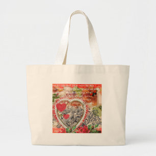 Grand Tote Bag Oiseaux de l'amour Cœur Rouge Collage d'art