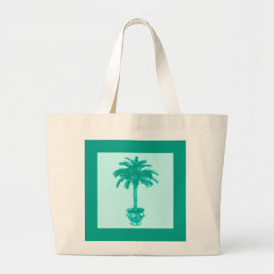 Grand Tote Bag Palmier en pot - turquoise et aqua