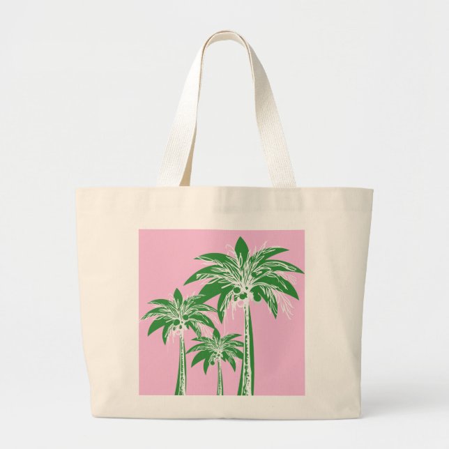 Grand Tote Bag Palmier rose vert Plage côtière de Preppal été (Devant)