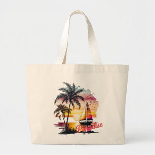 Grand Tote Bag Palmiers à voilier Tropical Rose Sunset