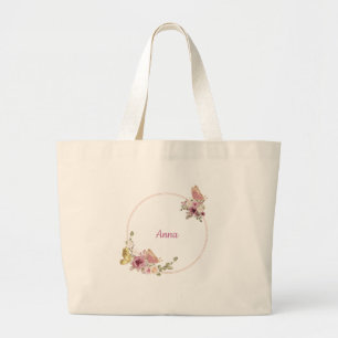 Grand Tote Bag Papillon Floral Élégant Rose Doré – Personnalisé