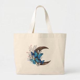 Grand Tote Bag Papillons bleus sur croissant en bois