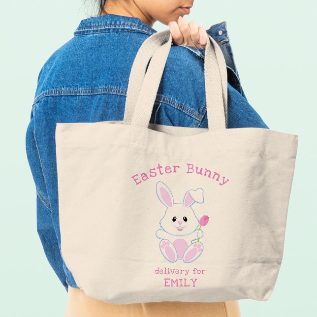 Grand Tote Bag Pâques Bunny Pink Tulip Nom personnalisé Fêtes (Créateur téléchargé)