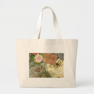 Grand Tote Bag Paris France Art Antique Collage Eiffel Français