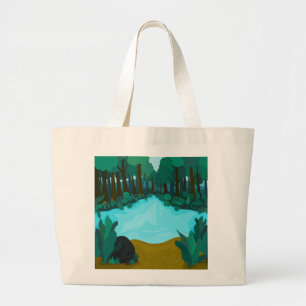 Grand Tote Bag Paysage artistique 'Étang de la forêt enchantée'