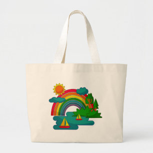 Grand Tote Bag Paysage de voyage en bateau sous les nuages du sol