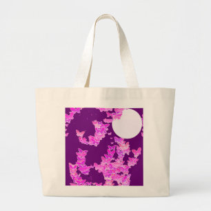 Grand Tote Bag Paysage lunaire avec papillons - orchidée, améthys