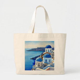 Grand Tote Bag Peinture aquarelle de Santorin Grèce