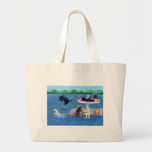 Grand Tote Bag Peinture de Labradors d'amusement de lac