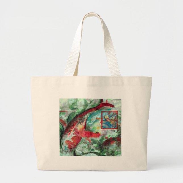 Grand Tote Bag Peinture de poissons de carpe de Koi (Devant)