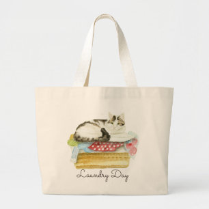 Grand Tote Bag Peinture d'un chat assis sur la blanchisserie